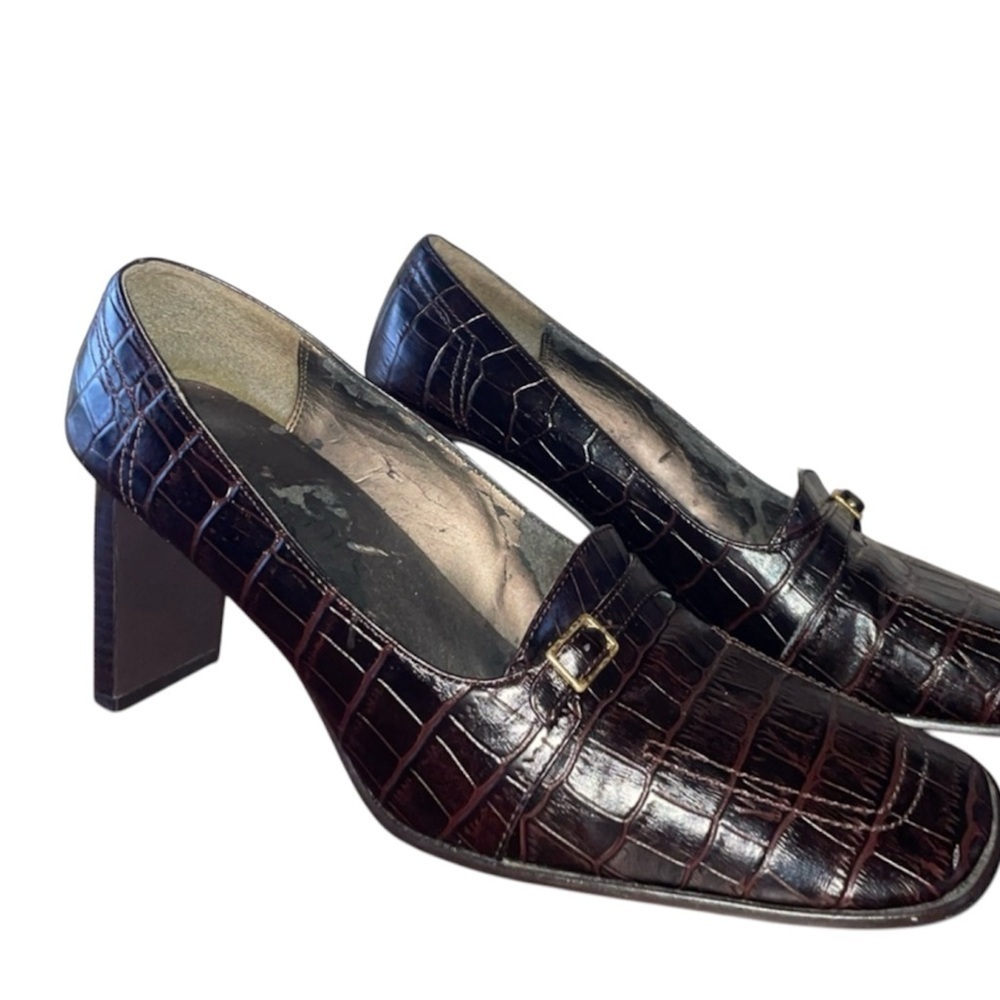 Nina Cognac Brown Croc Embossed Alligator Pumps Gold Buckle Square Toe Timeless